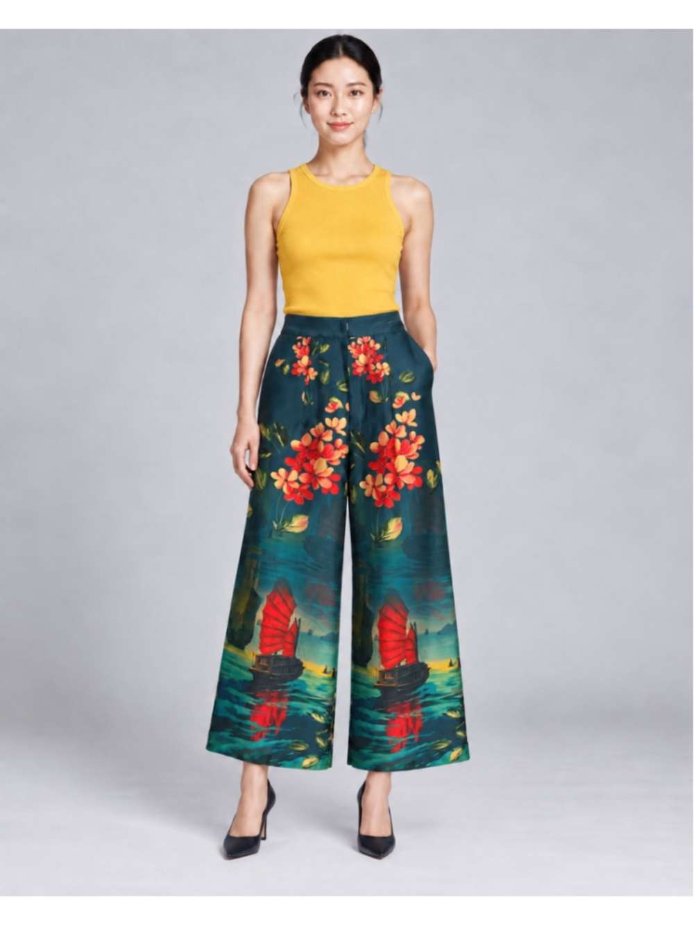 100% Silk Floral Sailboat Print Wide-Leg Pants Size Small NWT